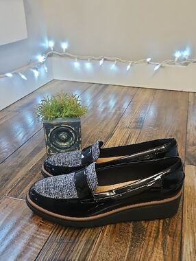 Clarks Black Patent & Tweed Platform Loafers